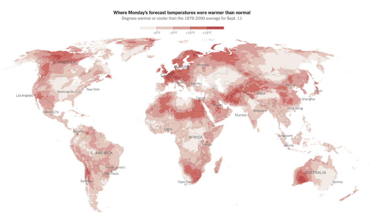 Heat map from the New York illustrates world-wide trends in rising temperatures.