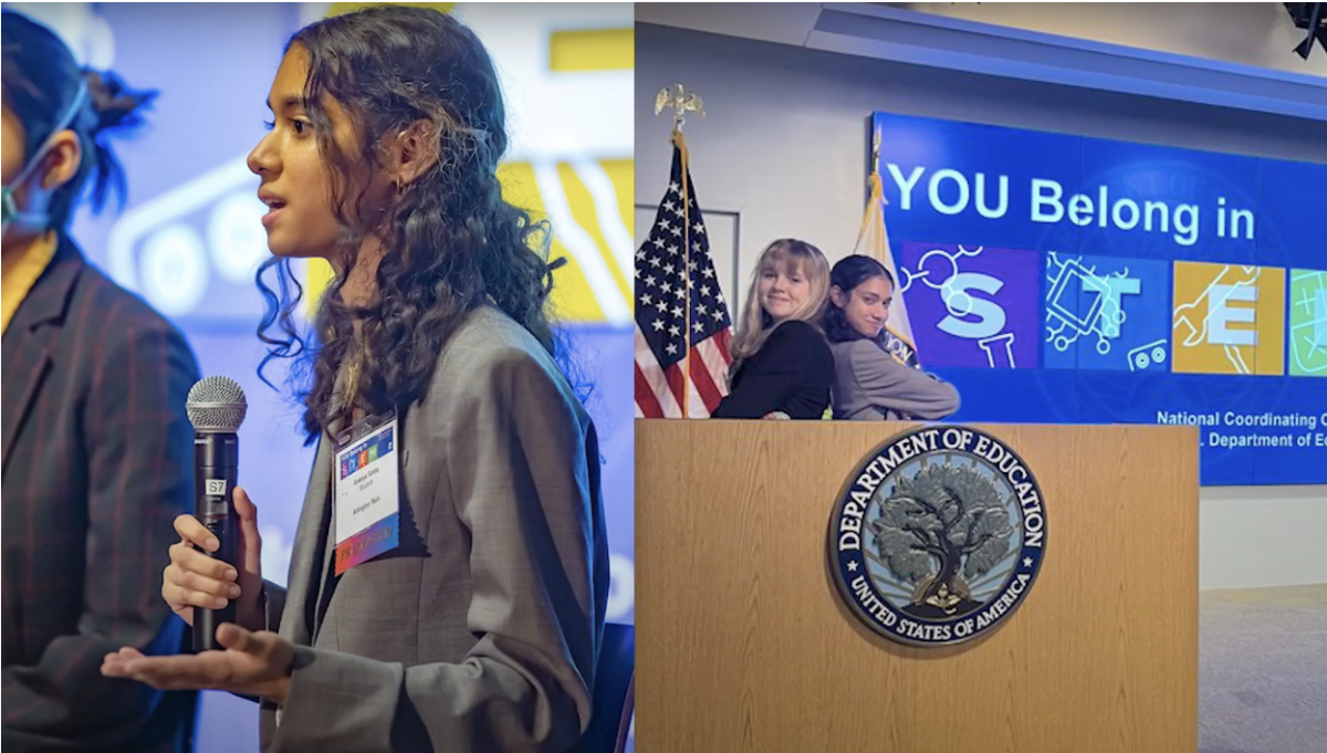 Ananya Sinha (Senior, left) and Ainsley Meck (Senior, right) speaking at the You Belong in Stem conference, 2023. Video by Isa Chavez.