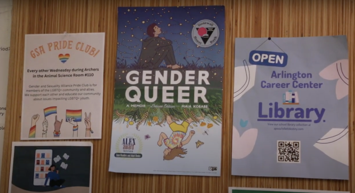 Library posters consisting of the GSA Pride flier and promotion for a novel titled ‘Gender Queer’. Photo by Isa Chavez.