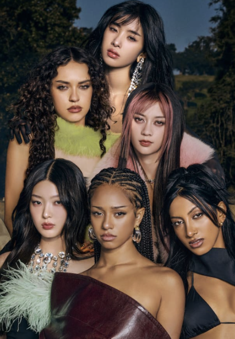 Group photo of Katseye, Manon is in the front center